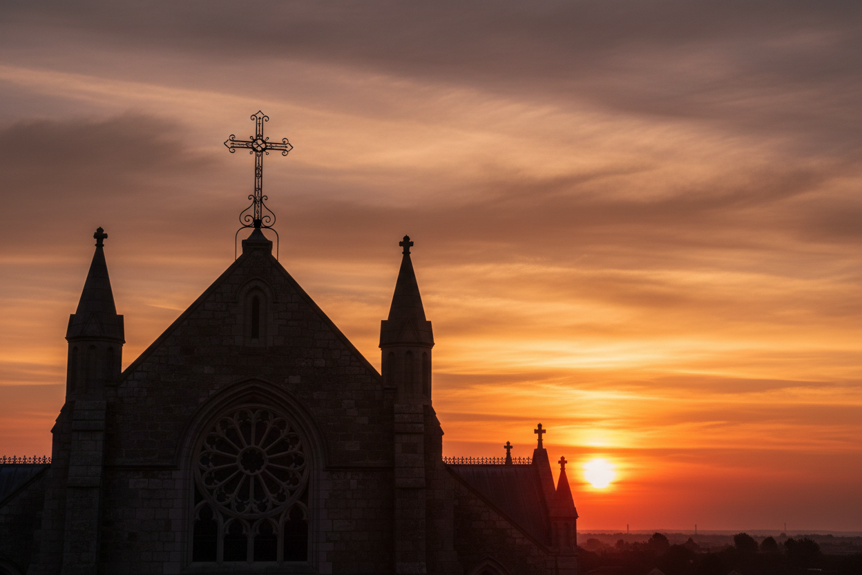 Cruz al atardecer sobre una iglesia